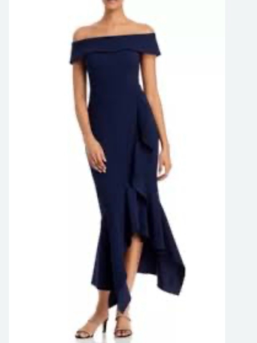 aqua asymmetrical ruffle dress Navy Blue Size 4 A-Line High Low Off Shoulder Ruffled midi dress